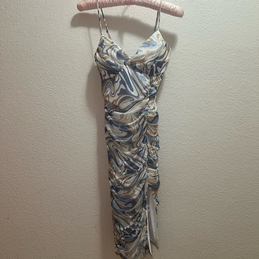 Asymmetrical Dress in Blue and Cream Swirl y2K side Slit Detail